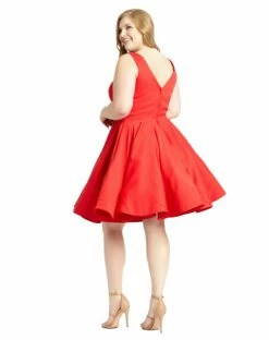 Sleeveless V Neck Fit & Flare Mini Dress (Plus) -Women's Skirt 48771 Red BK