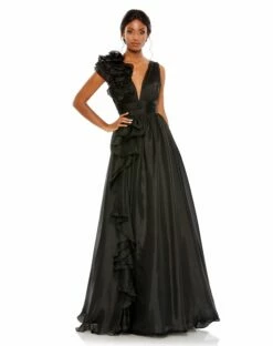 Ruffle Shoulder V-Neck Chiffon Gown -Women's Skirt 48856 Black AB