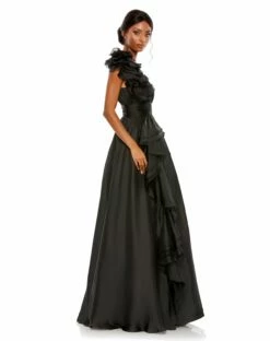 Ruffle Shoulder V-Neck Chiffon Gown -Women's Skirt 48856 Black AS