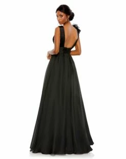 Ruffle Shoulder V-Neck Chiffon Gown -Women's Skirt 48856 Black BK