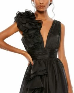 Ruffle Shoulder V-Neck Chiffon Gown -Women's Skirt 48856 Black CL