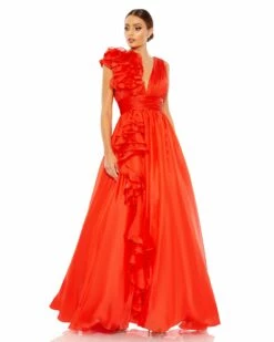 Ruffle Shoulder V-Neck Chiffon Gown -Women's Skirt 48856 Cherry AB