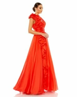 Ruffle Shoulder V-Neck Chiffon Gown -Women's Skirt 48856 Cherry AS