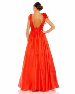 Ruffle Shoulder V-Neck Chiffon Gown -Women's Skirt 48856 Cherry BK
