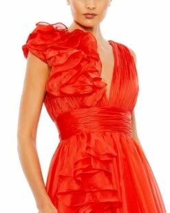 Ruffle Shoulder V-Neck Chiffon Gown -Women's Skirt 48856 Cherry CL