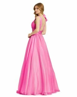 Ruffle Shoulder V-Neck Chiffon Gown -Women's Skirt 48856 HotPink BK