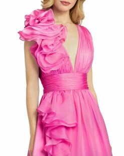 Ruffle Shoulder V-Neck Chiffon Gown -Women's Skirt 48856 HotPink CL