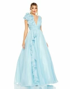 Ruffle Shoulder V-Neck Chiffon Gown -Women's Skirt 48856 PowderBlue AB