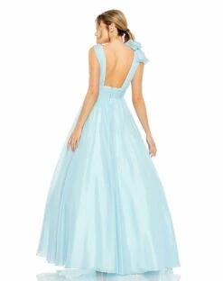 Ruffle Shoulder V-Neck Chiffon Gown -Women's Skirt 48856 PowderBlue BK
