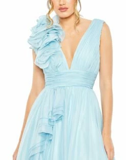 Ruffle Shoulder V-Neck Chiffon Gown -Women's Skirt 48856 PowderBlue CL