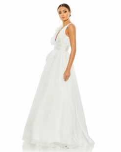 Ruffle Shoulder V-Neck Chiffon Gown -Women's Skirt 48856 White AS