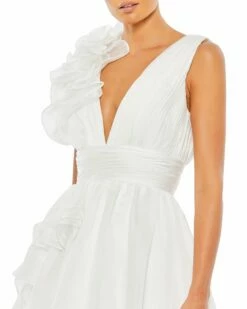 Ruffle Shoulder V-Neck Chiffon Gown -Women's Skirt 48856 White CL