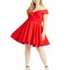 Off The Shoulder Faux Wrap Fit And Flare Dress (Plus) -Women's Skirt 48887 Red AB