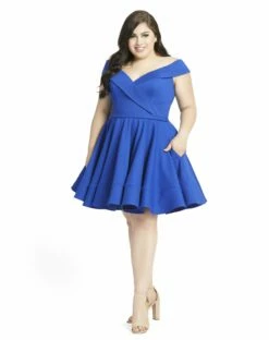 Off The Shoulder Faux Wrap Fit And Flare Dress (Plus) -Women's Skirt 48887 Royal AB