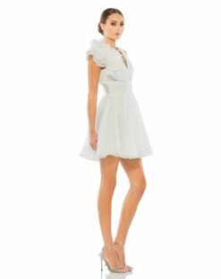 Ruffle Shoulder Empire Waist Deep-V Dress -Women's Skirt 48952 WHT 4 WS