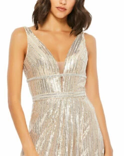 Metallic Sequined Plunge Neck Gown -Women's Skirt 49012 NUS 3 WS
