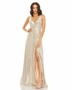 Metallic Sequined Plunge Neck Gown