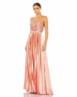 Plunge Neck Pleated Evening Gown -Women's Skirt 49039 RoseGold AB