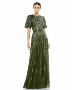 Short Sleeve Ombre Sequined Evening Gown 21 Short Sleeve Ombre Sequined Evening Gown -Women's Skirt 4913 Olive AB