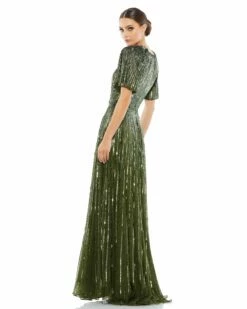 Short Sleeve Ombre Sequined Evening Gown 22 Short Sleeve Ombre Sequined Evening Gown -Women's Skirt 4913 Olive BK