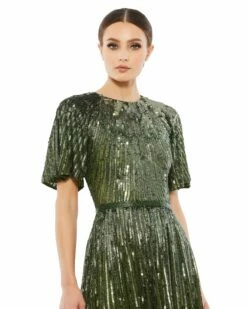 Short Sleeve Ombre Sequined Evening Gown 23 Short Sleeve Ombre Sequined Evening Gown -Women's Skirt 4913 Olive CL