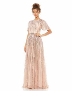 Short Sleeve Ombre Sequined Evening Gown