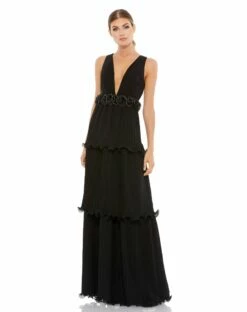 Rosette Ruffle Layered Roseette Maxi Dress