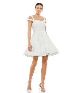 Sequined Cut Out Shoulder Skater Dress -Women's Skirt 49484 White AB