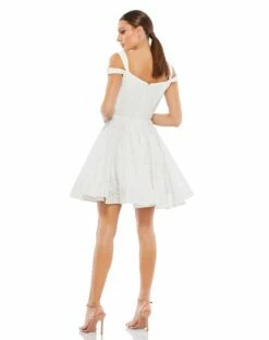 Sequined Cut Out Shoulder Skater Dress -Women's Skirt 49484 White BK