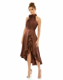 Halter Neck Flower Detail Ruffled Midi Dress 11 Halter Neck Flower Detail Ruffled Midi Dress -Women's Skirt 49488 Chocolate AB