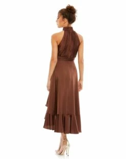 Halter Neck Flower Detail Ruffled Midi Dress 12 Halter Neck Flower Detail Ruffled Midi Dress -Women's Skirt 49488 Chocolate BK