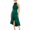 Halter Neck Flower Detail Ruffled Midi Dress -Women's Skirt 49488 Emerald AB