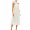 Rosette One Shoulder Tea Length Dress -Women's Skirt 49491 White AB