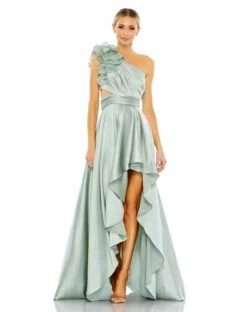 Ruffled One Shoulder Cut Out Hi-Lo Gown