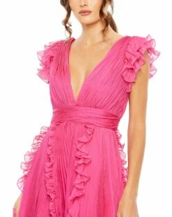 Pleated Ruffle Cap Sleeve Flowy A Line Gown -Women's Skirt 49539 Fuchsia CL