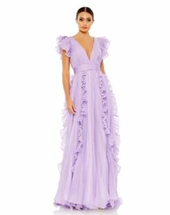 Pleated Ruffle Cap Sleeve Flowy A Line Gown -Women's Skirt 49539 Lilac AB