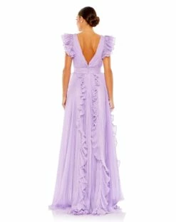 Pleated Ruffle Cap Sleeve Flowy A Line Gown -Women's Skirt 49539 Lilac BK