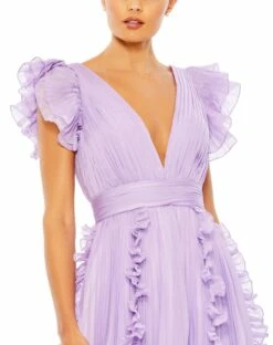 Pleated Ruffle Cap Sleeve Flowy A Line Gown -Women's Skirt 49539 Lilac CL