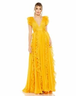 Pleated Ruffle Cap Sleeve Flowy A Line Gown -Women's Skirt 49539 Marigold AB