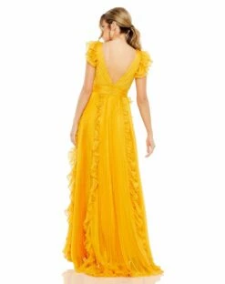 Pleated Ruffle Cap Sleeve Flowy A Line Gown -Women's Skirt 49539 Marigold BK
