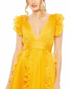 Pleated Ruffle Cap Sleeve Flowy A Line Gown -Women's Skirt 49539 Marigold CL