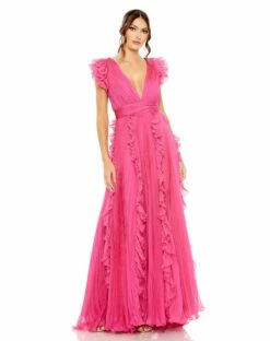 Pleated Ruffle Cap Sleeve Flowy A Line Gown