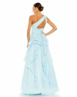 Jewel Broach One Shoulder Cascade Layered Gown -Women's Skirt 49541 Blue BK