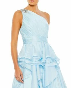Jewel Broach One Shoulder Cascade Layered Gown -Women's Skirt 49541 Blue CL