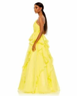 Jewel Broach One Shoulder Cascade Layered Gown -Women's Skirt 49541 Lemon AS