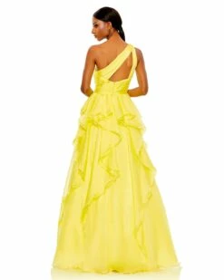 Jewel Broach One Shoulder Cascade Layered Gown -Women's Skirt 49541 Lemon BK