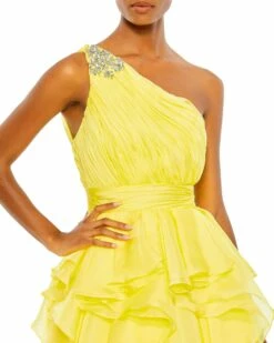 Jewel Broach One Shoulder Cascade Layered Gown -Women's Skirt 49541 Lemon CL