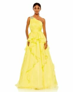 Jewel Broach One Shoulder Cascade Layered Gown -Women's Skirt 49541 LEM Default 1 WS