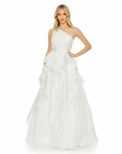 Jewel Broach One Shoulder Cascade Layered Gown -Women's Skirt 49541 WHT Default 1 WS