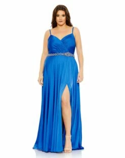 Beaded Belt Faux Wrap A Line Gown (Plus)